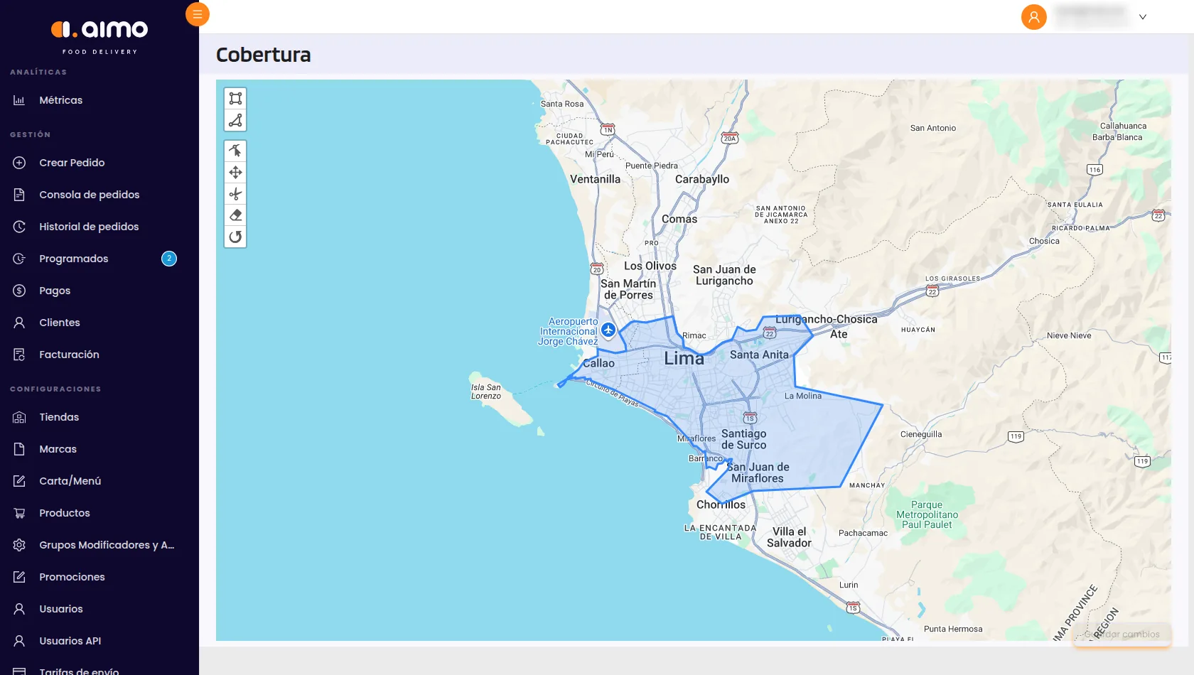 Zonas de reparto de Aimo Food Delivery dibujadas sobre el mapa de Lima