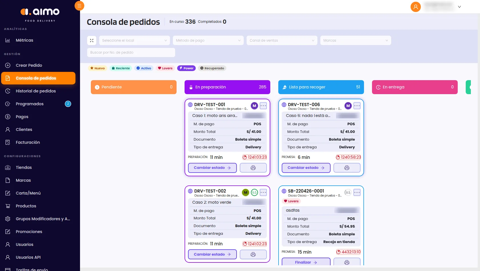 Consola de pedidos de Aimo Food Delivery